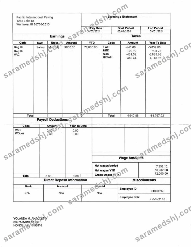 Pacific International Paving earnings statement template in Word and PDF formats.pdf, 1